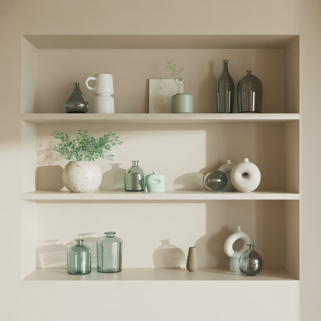 Glass and ceramic decor add simple elegance to a coastal-style shelf.