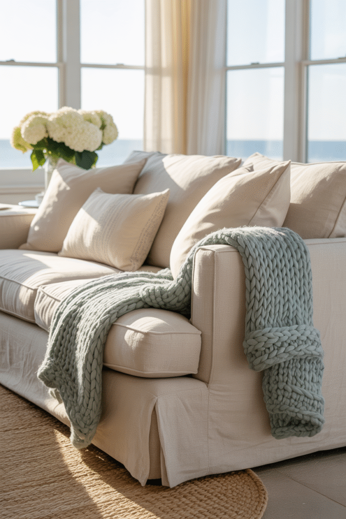 Cozy layers of neutral pillows and throws warm up a coastal living area.
