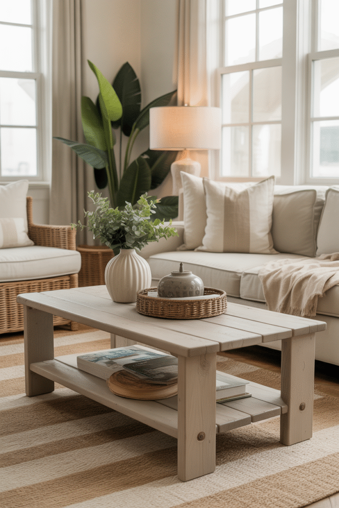 A weathered wood table brings rustic charm to a soft, beachy space.