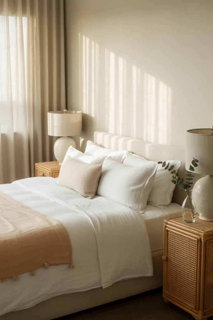 A neutral coastal bedroom with white linens and rattan textures feels airy and restful.