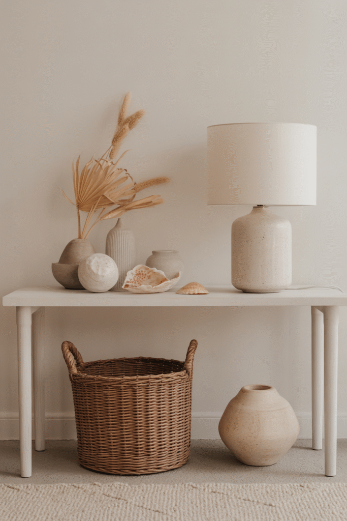 A clean, styled console keeps a coastal room looking airy and refined.