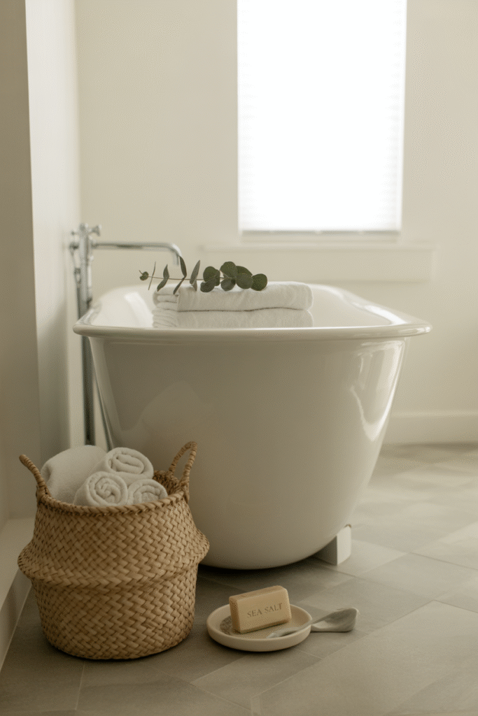 Light stone surfaces enhance the brightness and calm of a coastal bathroom.
