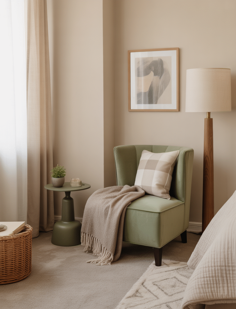 Bedroom corner with a sage green upholstered accent chair, a small side table, warm wood lamp, and a cozy throw blanket, perfect for a relaxing nook.
