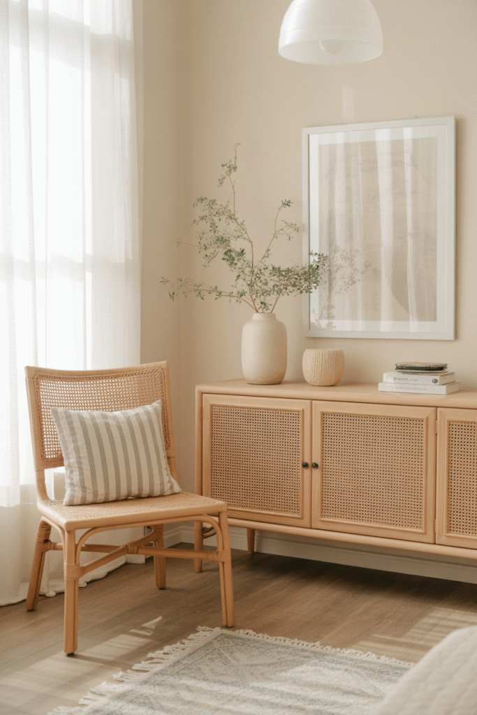A rattan chair and cane cabinet bring natural texture to a beachy room.