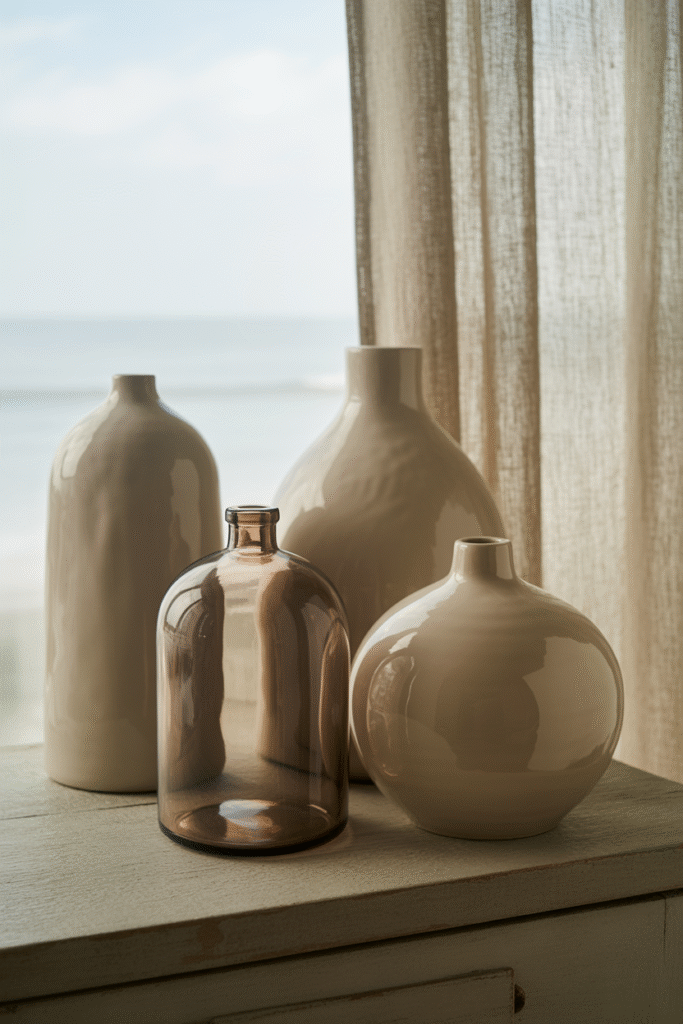 A mix of matte and glossy textures adds subtle contrast to a coastal decor setup.
