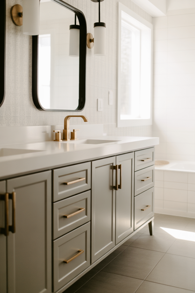 Mixed-metal bathroom with gold handles and black accents for striking contrast.