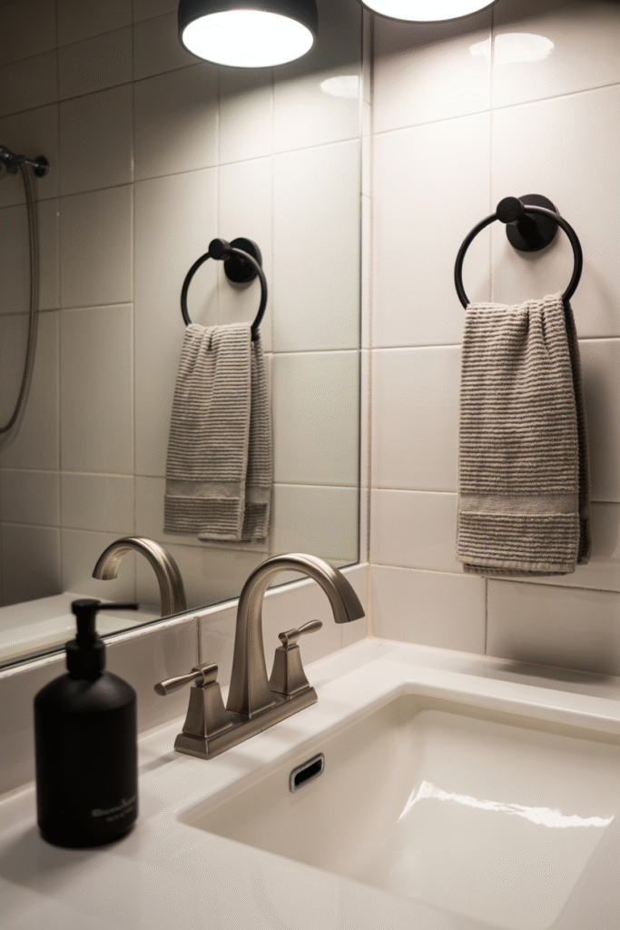 Bathroom using brushed nickel consistently, paired with matte black for balanced contrast.