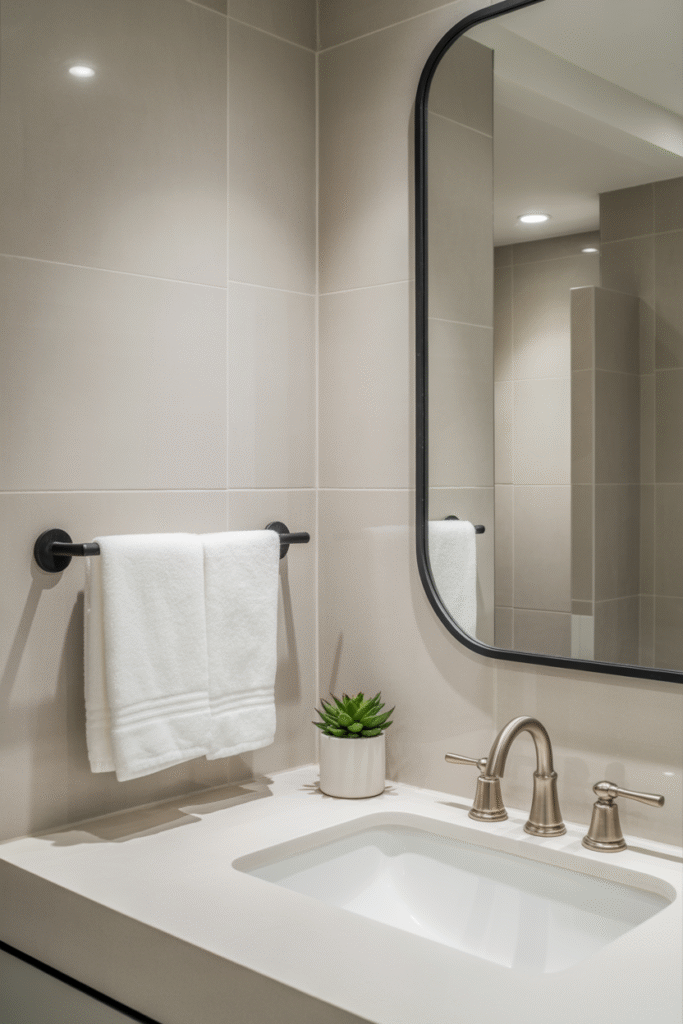 Matte black accents tie together gold and chrome fixtures in a contemporary bathroom.