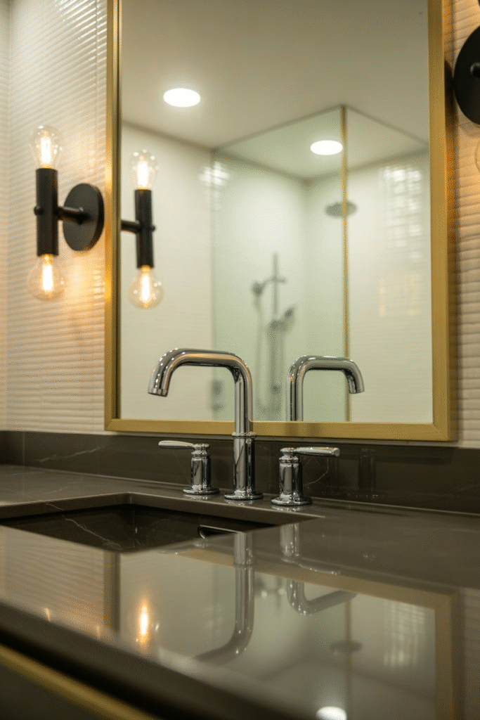 A gold-framed mirror bridges multiple metal finishes in a layered bathroom design.