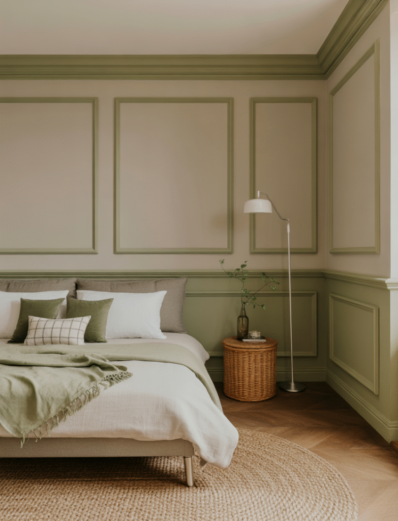 Bedroom with sage green trim or wainscoting along the lower half of the walls, complemented by light walls and natural wood decor for classic elegance.