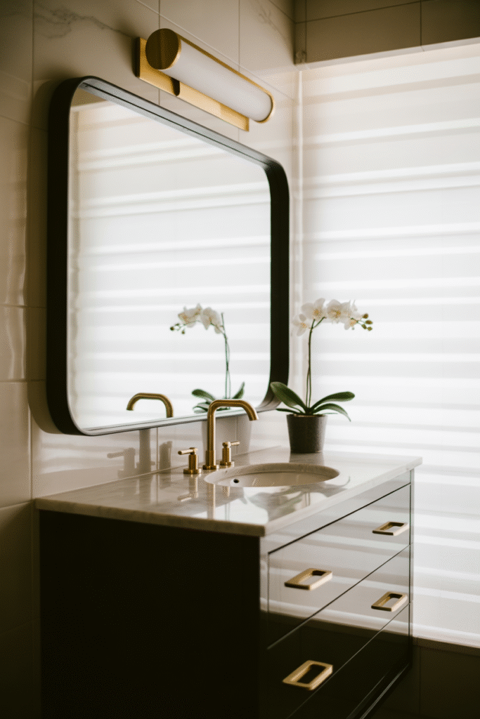 Repeated gold and black finishes add balance to a well-styled bathroom.