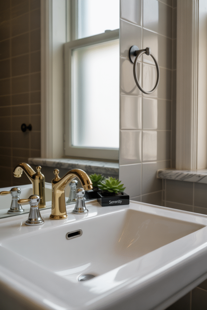 Gold, chrome, and black finishes create a dimensional, balanced bathroom palette.