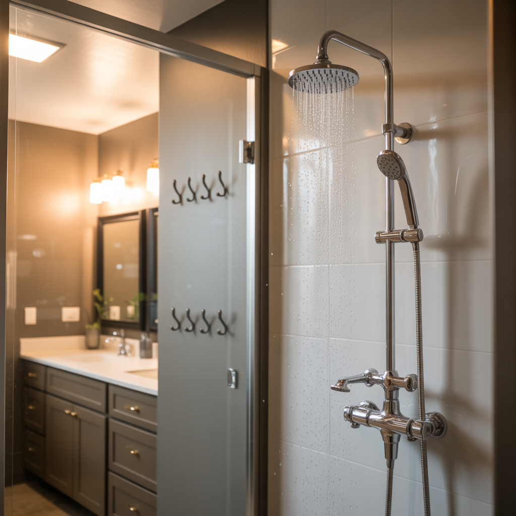 Fixtures in chrome lead the design, supported by gold and black accents.