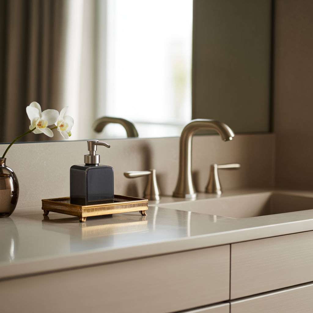 A gold tray and black accessories add subtle metal pops in a calm bathroom.