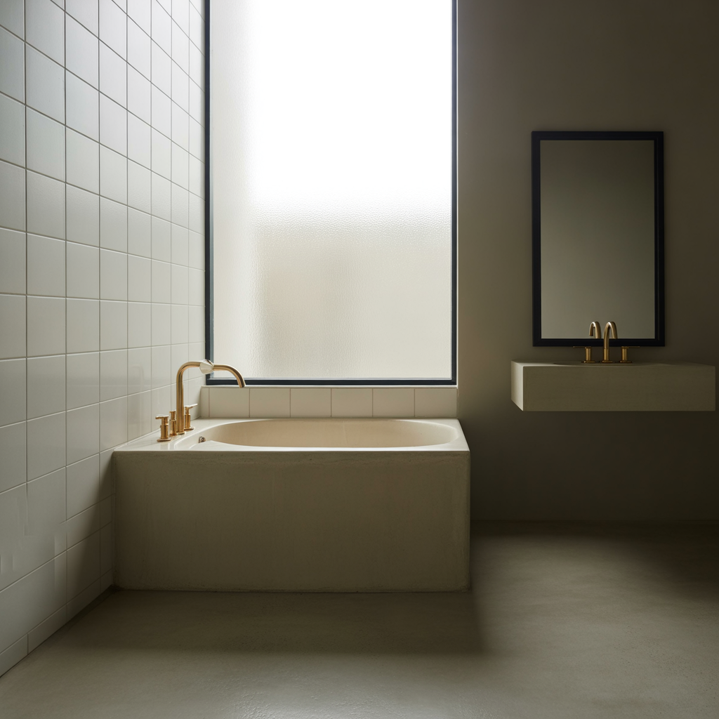 Neutral tones let gold and black bathroom hardware take center stage.