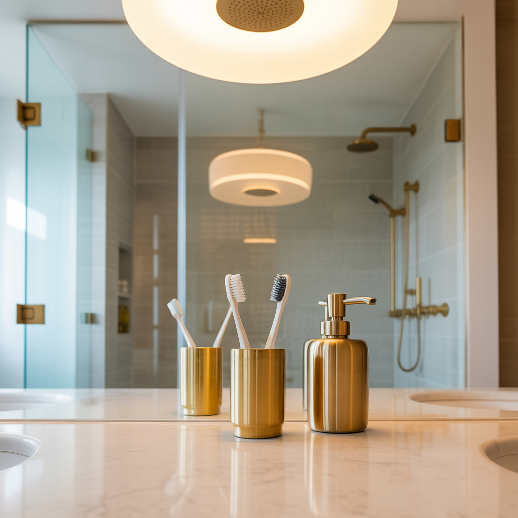 Small accessories reflect gold tones for a cohesive, styled bathroom look.