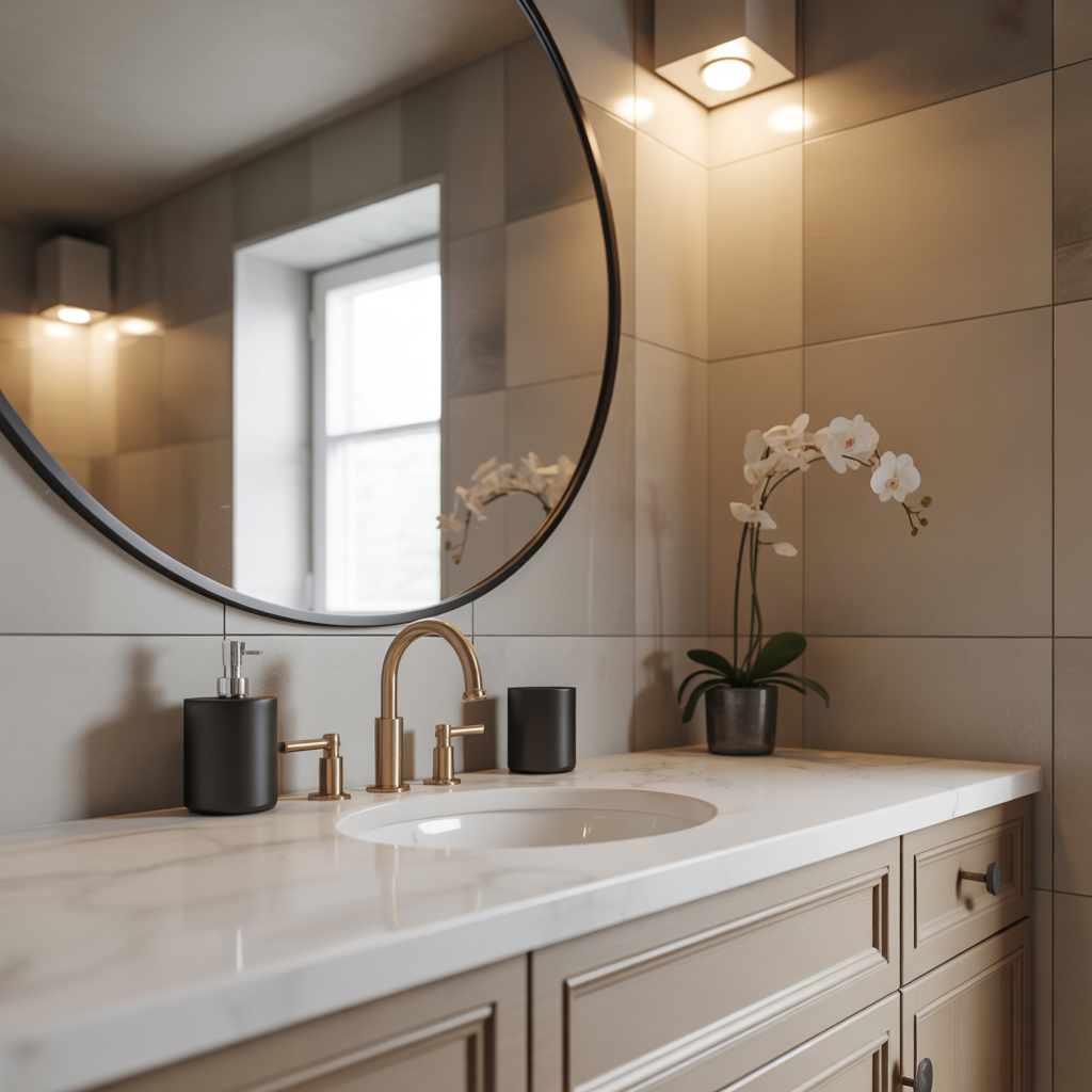 A calm, neutral backdrop highlights gold and black metal finishes in the bathroom.