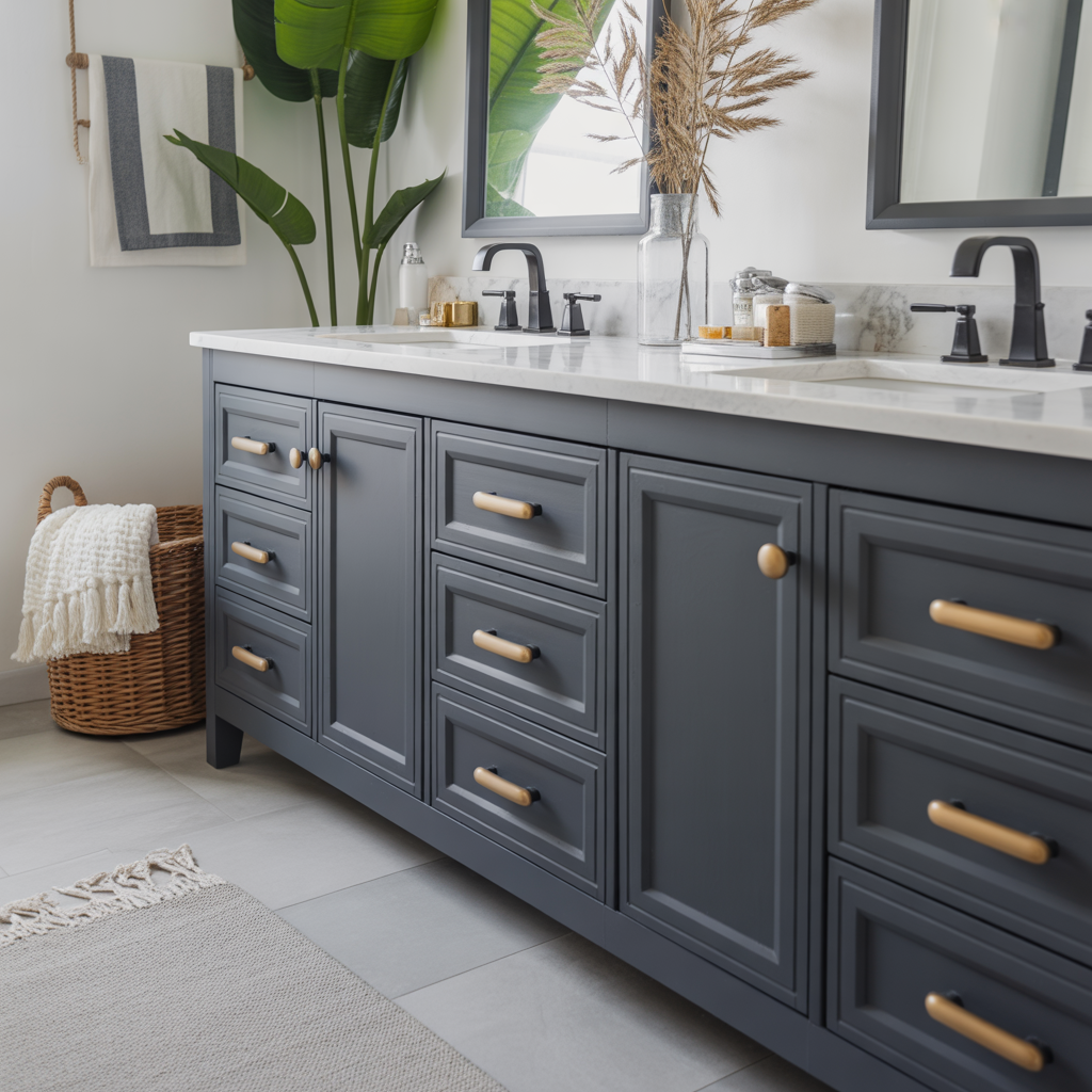 Mixed metal hardware on a vanity adds interest and modern edge.
