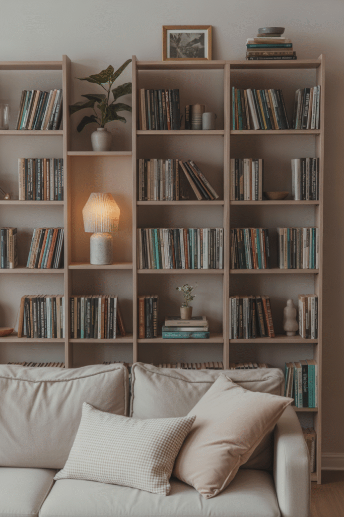 Shelf styled with books stacked both horizontally and vertically for visual interest.