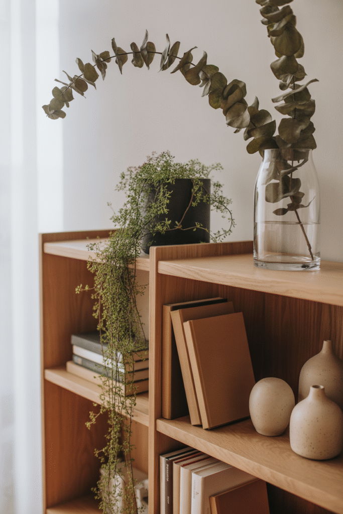 Bookshelf featuring greenery and dried florals for a fresh, organic touch.