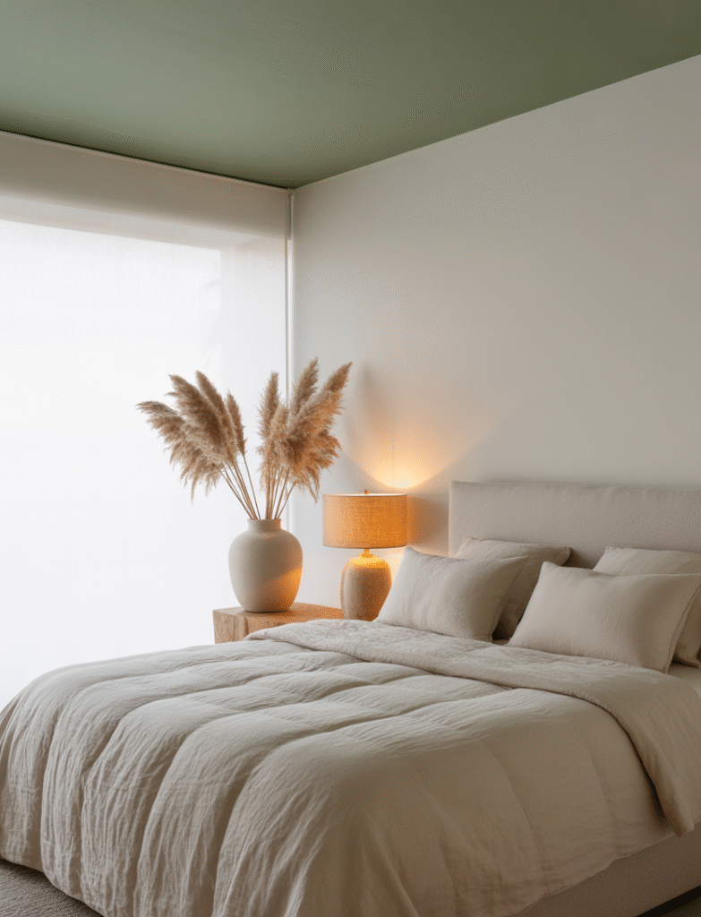 Bedroom with a sage green ceiling, creating a cozy and cocooning effect while keeping the space light and airy, with neutral walls and natural textures in the decor.