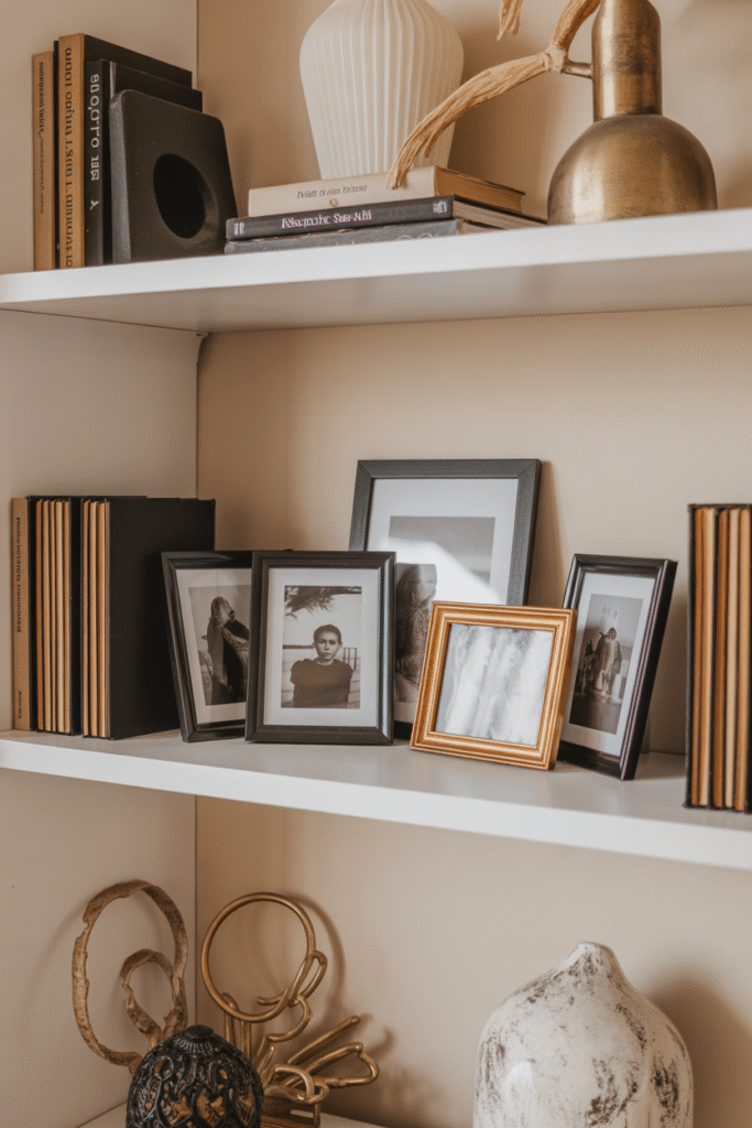 Personal photo frames add character to a tastefully styled bookshelf.