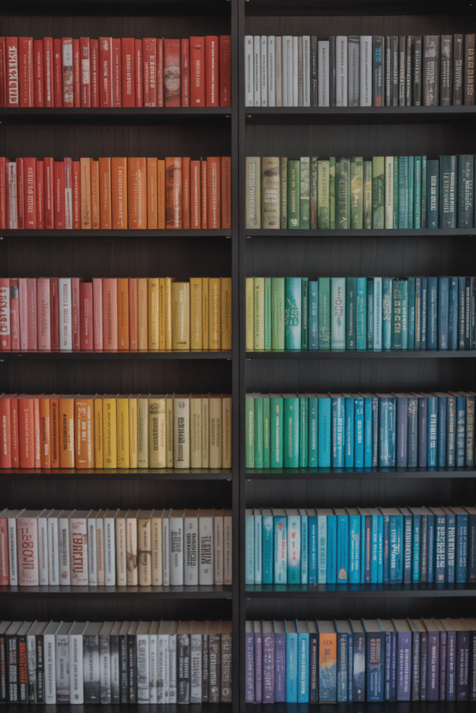 Books color-blocked on a shelf for a visually striking and curated look.