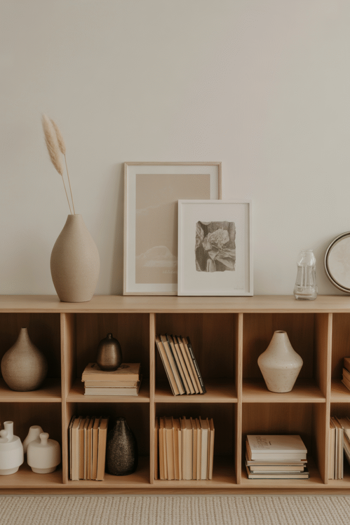 Leaned artwork adds depth and dimension to a styled bookshelf.