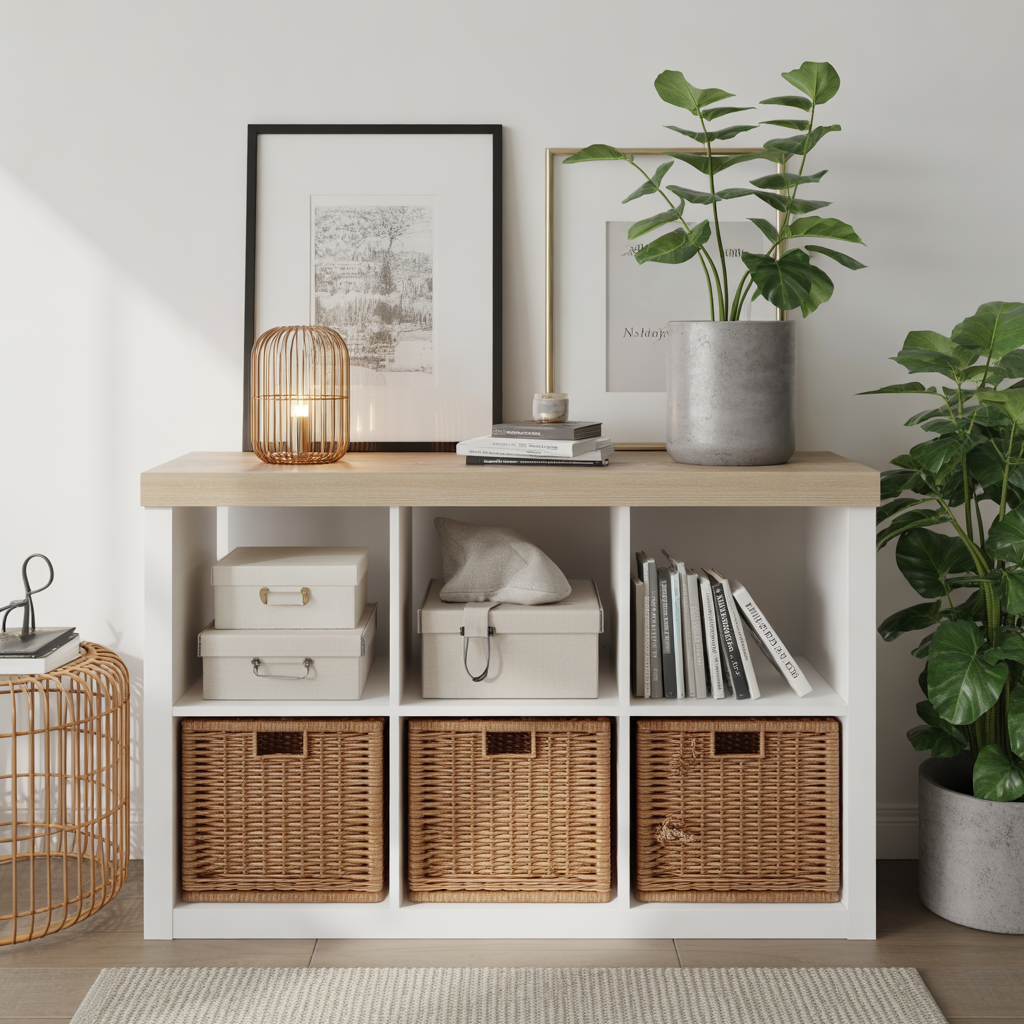 Stylish boxes and baskets offer hidden storage on a chic bookshelf.