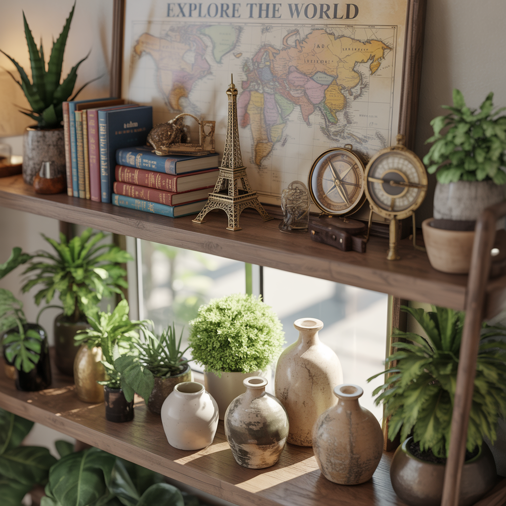 Bookshelf with themed styling on each shelf for organized charm.