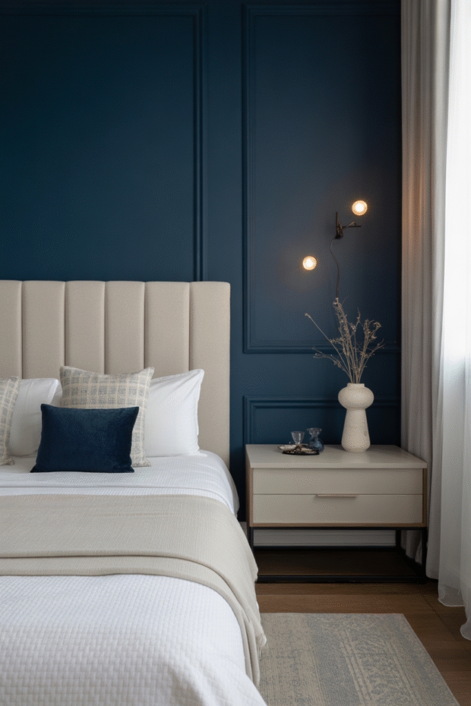 White bed set against a bold navy blue accent wall in a cozy bedroom.