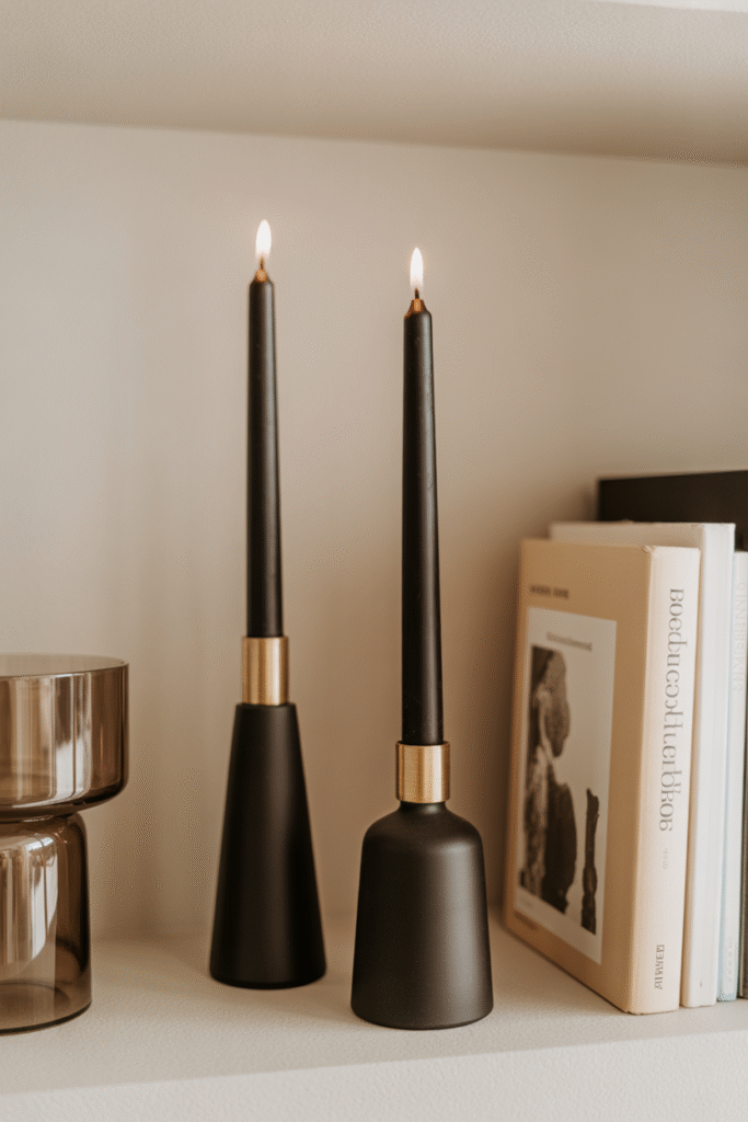 Candleholders bring mood and elegance to modern bookshelf styling.