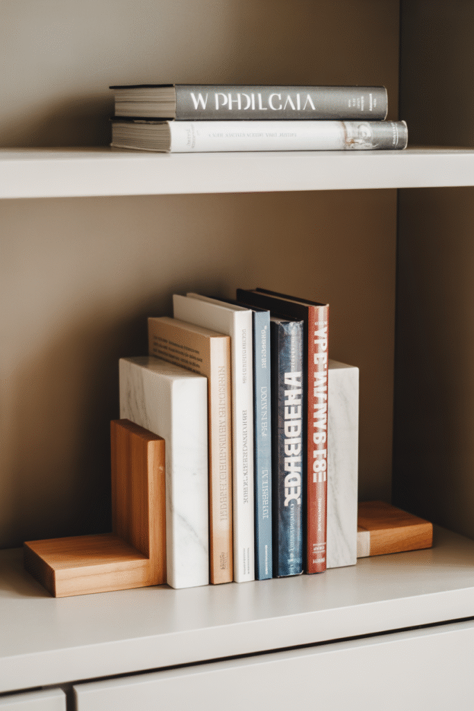 Bold bookends add both function and flair to a bookshelf.