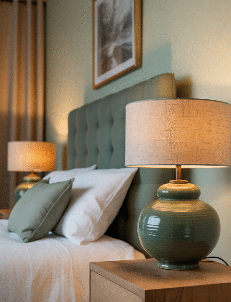 Bedroom with bedside lamps in soft sage green ceramic or painted metal, featuring warm bulbs and linen shades for a cohesive, natural look.