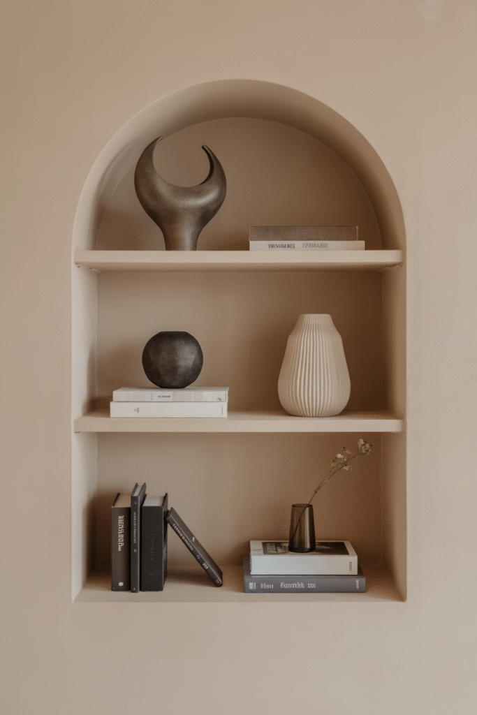 Negative space on a shelf enhances simplicity and focus.
