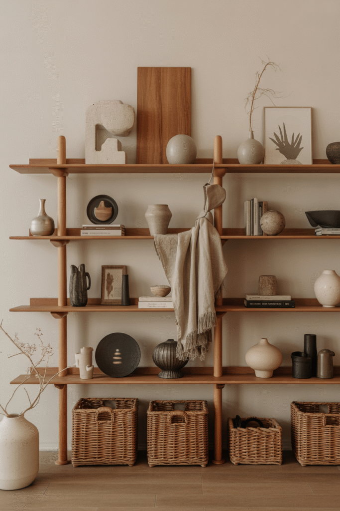 Mixed textures give bookshelf styling cozy, dimensional depth.