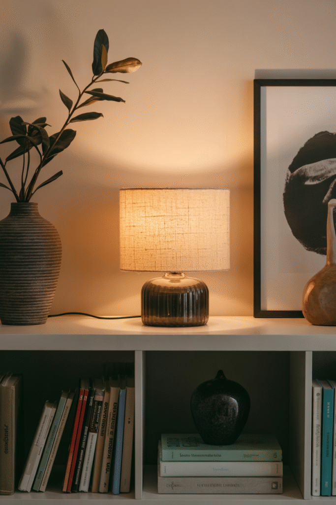 A small lamp adds soft light and ambiance to shelf styling.