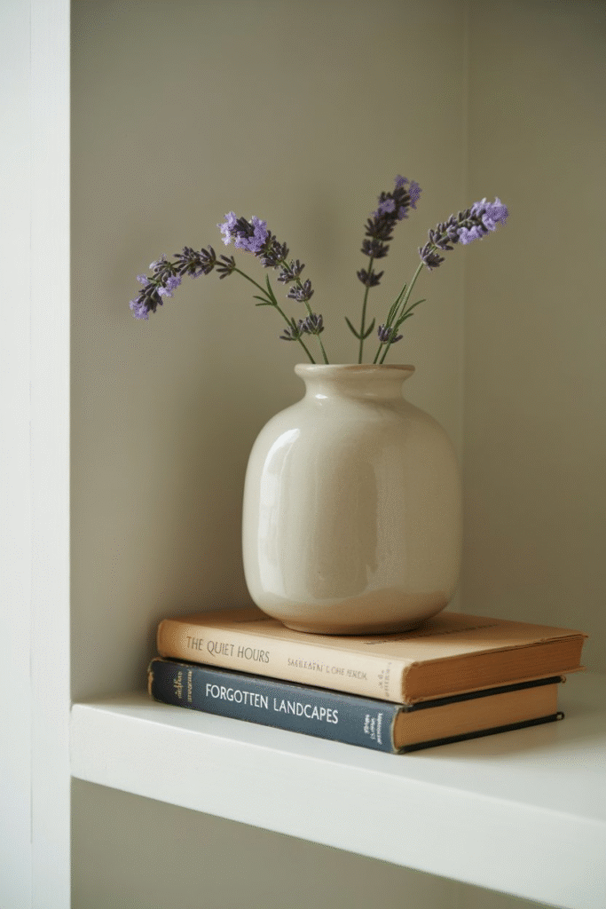 Minimalist shelf styling with intentional placement of a vase and books.