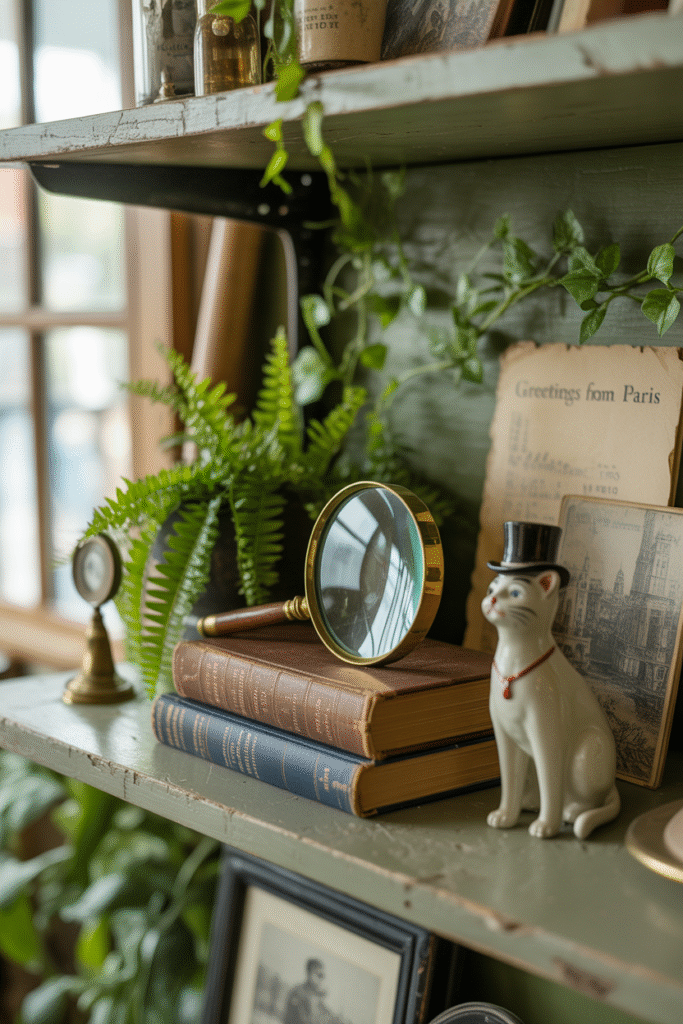 Personal, quirky objects spark conversation on a curated shelf.