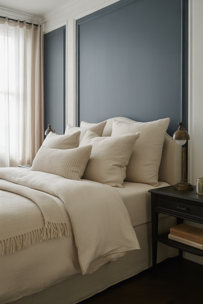 White bed set against a bold navy blue accent wall in a cozy bedroom.

