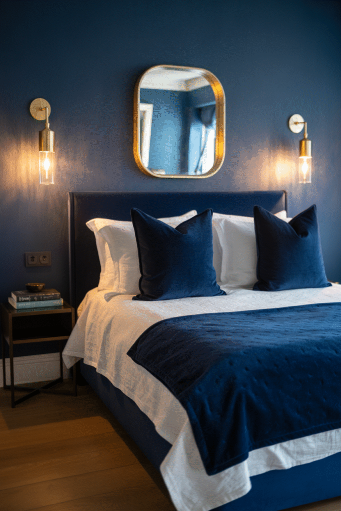 Brass and gold accents add warmth to a sophisticated navy bedroom.

