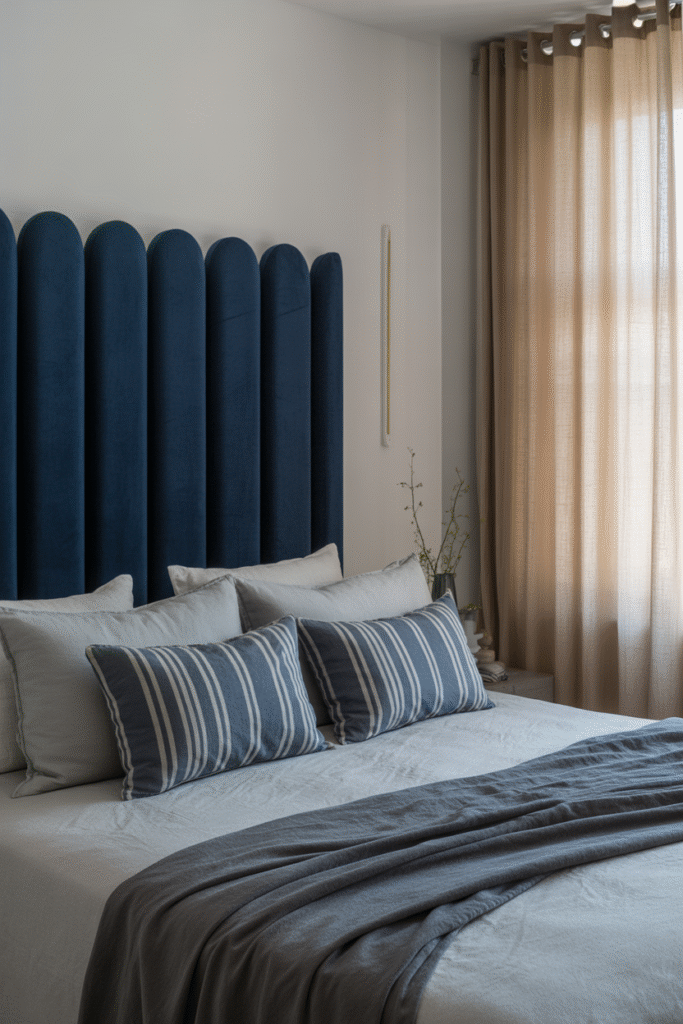 A velvet headboard and linen curtains bring tactile texture to a navy bedroom.

