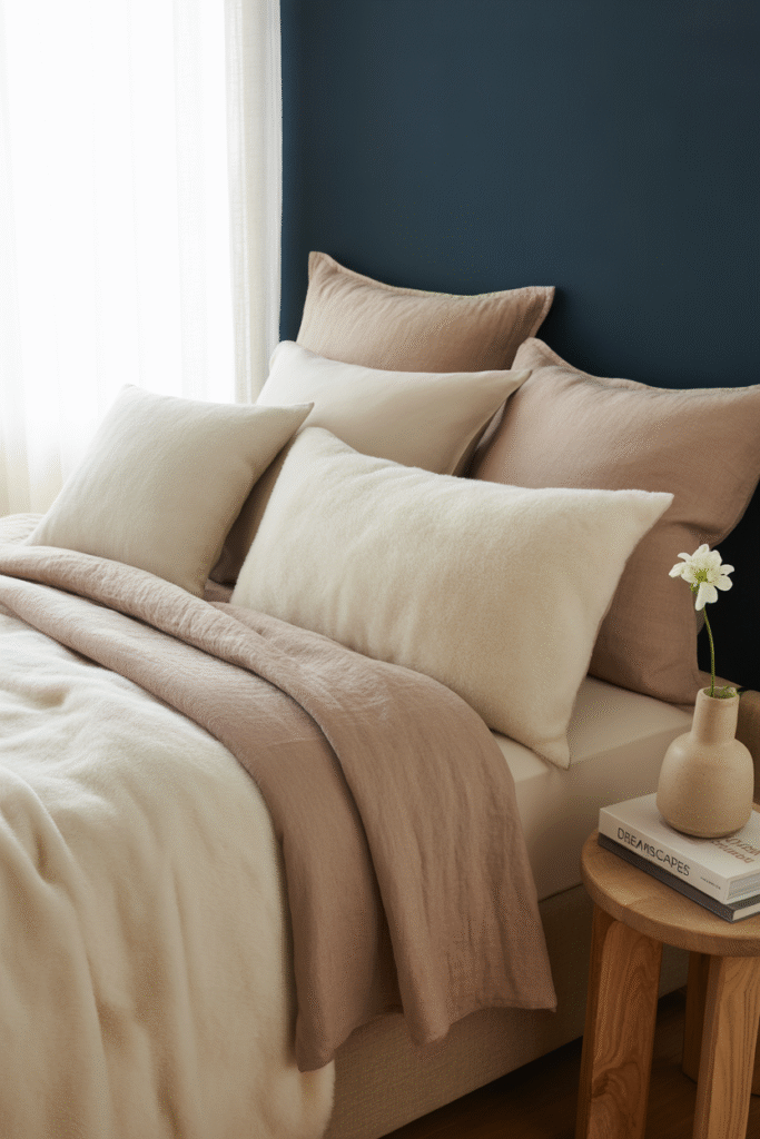 Neutral bedding softens a navy-walled bedroom for a calming effect.

