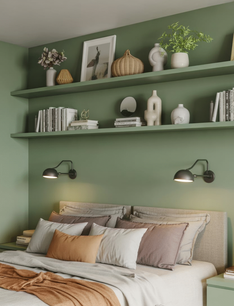 Bedroom with sage green floating shelves displaying books, plants, and decor items like vases and framed art, adding subtle color and functionality.