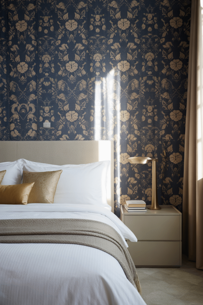 Patterned navy wallpaper adds visual interest behind a simple bed.


