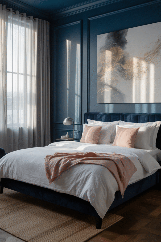 Blush and navy combine for a soft yet bold bedroom palette.


