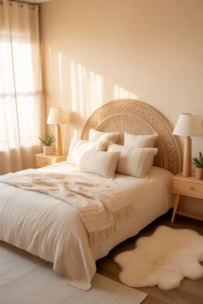 Neutral-toned boho bedroom with cream bedding and warm beige decor for a calm, minimalist feel.

