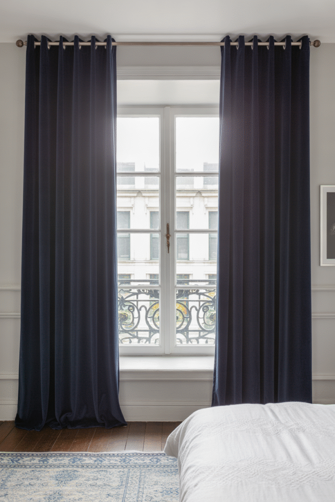 Tall navy curtains add elegance and depth to a bright bedroom.

