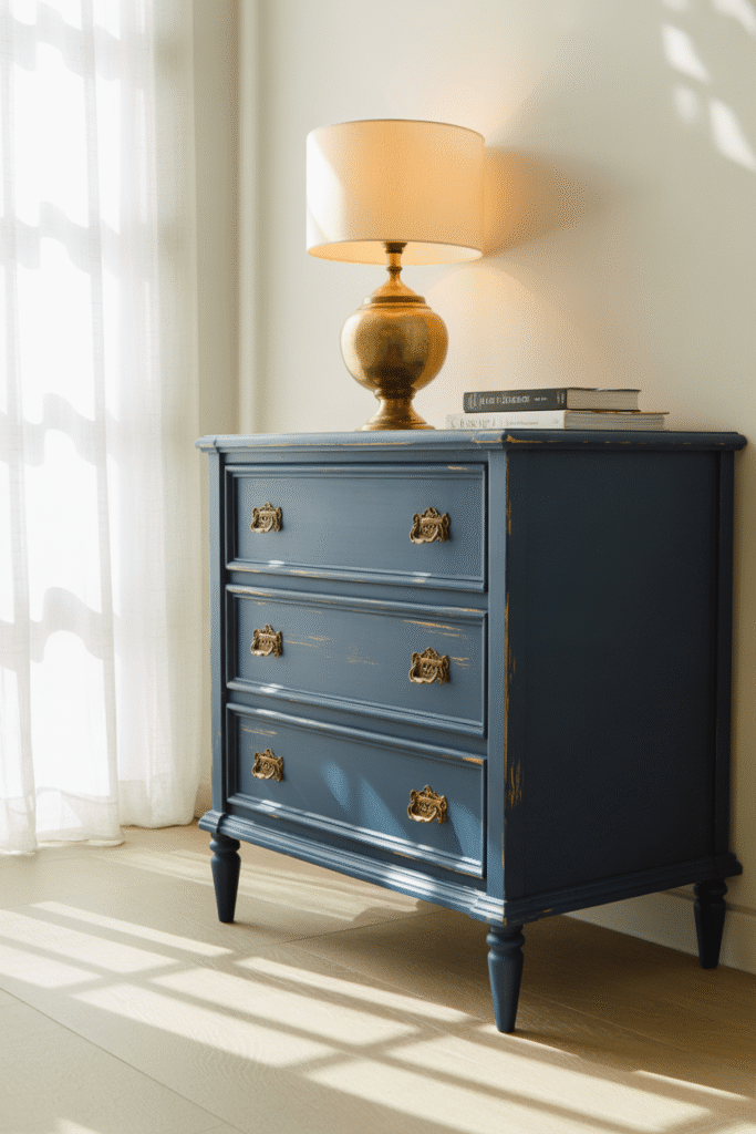A navy-painted dresser adds color to an otherwise neutral bedroom.

