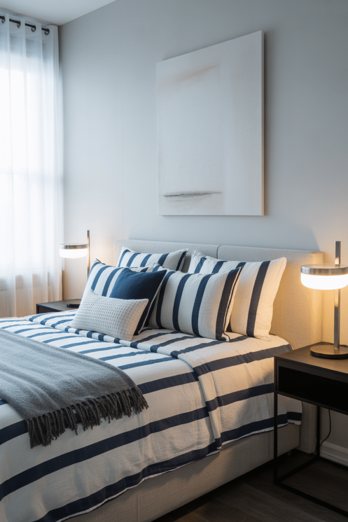 Navy, black, and white elements create bold contrast in a modern bedroom.

